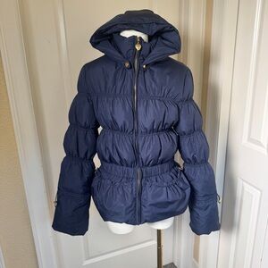 Twisted Heart Puffer Jacket Y2K Womens L Navy Hooded Gold Logo Graphic